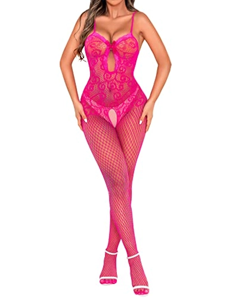 RSLOVE Women Fishnet Bodystocking Attached Stockings Sexy Lingerie Crotchless Bodysuit One Piece Babydoll One Size