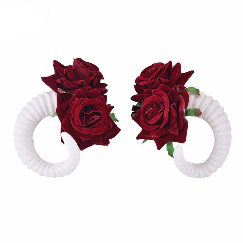 Devil Horn Ram Hair Clips - White Rose