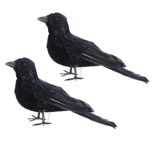 NOLITOY 2 Pcs Halloween Black Feathered Crows Realistic Black Feathered Crow Handmade Stand Crows Artificial Ravens Realistic Birds Halloween Prop for Halloween Spooky Party Decor