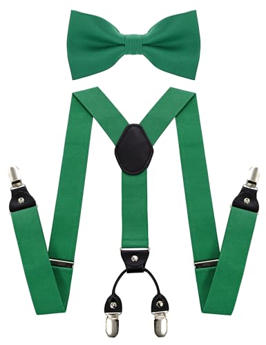 JEMYGINS Solid Color Suspender and Silk Bow Tie Sets for Men - Green