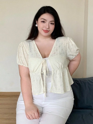 Dazy Plus Plus Size Lace-Up V-Neck Button-Front Short Sleeve Elegant T-Shirt Summer