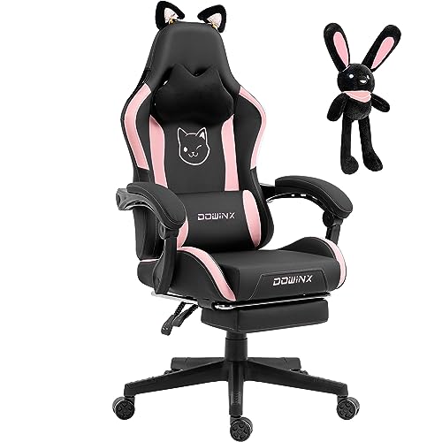 Dowinx Gaming Stuhl - Süße Katze Edition - Ergonomischer Computerstuhl mit Hoher Rückenlehne und Lendenwirbelstütze, PU-Leder, Fußstütze, Schwarz - Schwarz - Kaninchen