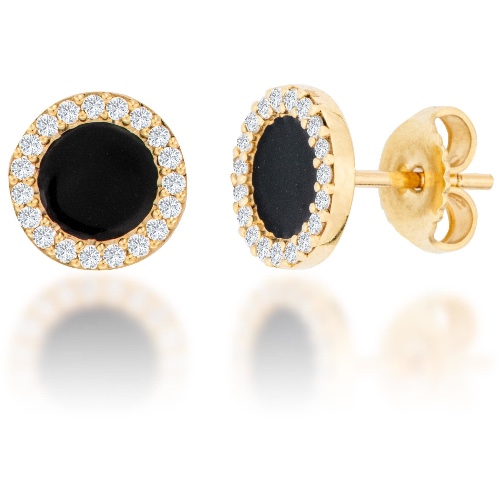 Black Diamond Halo Earrings - 14K Yellow Gold