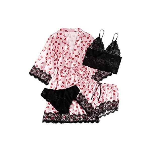 
                            WDIRARA Women's 4 Pieces Satin Floral Lace Cami Top Lingerie Pajama Set with Robe
                        