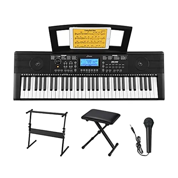 
                            Donner 61 Key Piano Keyboard, Keyboard Piano for Beginner/Professional, Electric Keyboard with Piano Stand, Stool and Microphone, Supports MP3/USB MIDI/Audio/Microphone/Headphones/Sustain Pedal
                        