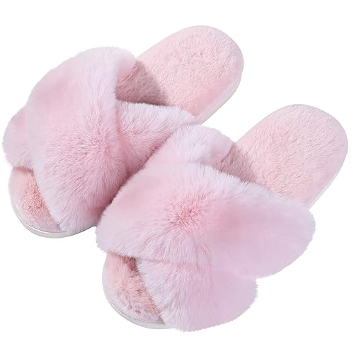 Evshine Women's Fuzzy Slippers Cross Band Memory Foam House Slippers Open Toe - 10-11 - Pink