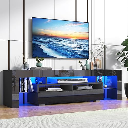 Black TV Stand for 55/60/65inch TV,Modern Entertainment Center with 2 Storage Drawers and LED Light, High Glossy TV Console Table Media Furniture(63inch Black) - 63inch - Black