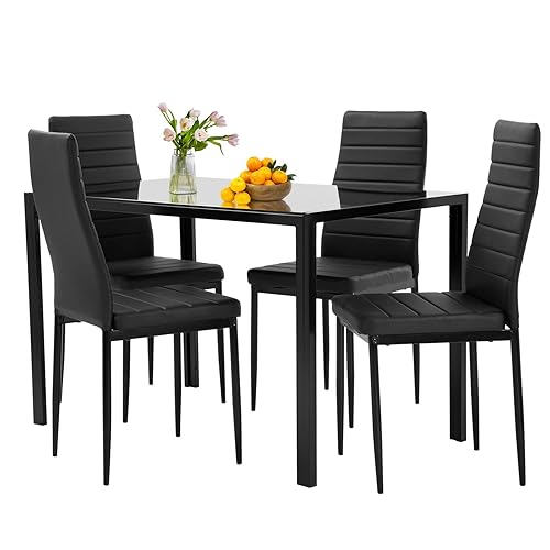 Glass Dining Room Table Set for Small Spaces Kitchen Table and Chairs for 4 Table with Chairs Home Furniture Rectangular Modern (Black Glass) - Black Glass