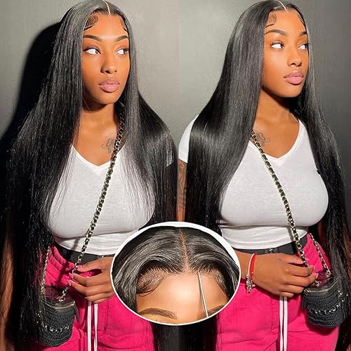 Tscom 36 Inch 5X5 HD Lace Closure Wigs Human Hair 220 Density Glueless Wigs Human Hair Pre Plucked Pre Cut with Baby Hair Wear and Go Wig for Beginners Brazilian Virgin Straight Human Hair Wigs - 36 Inch - Natural Black