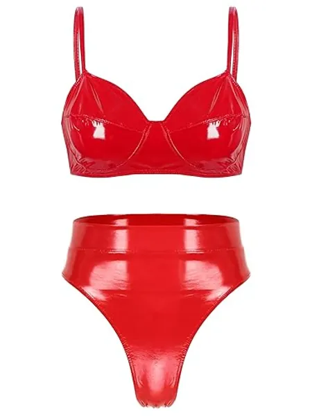 FEESHOW Womens Shiny Leather 2Pcs Lingerie Set Mini Bra Top with G-String Thongs Clubwear - XL - Red B
