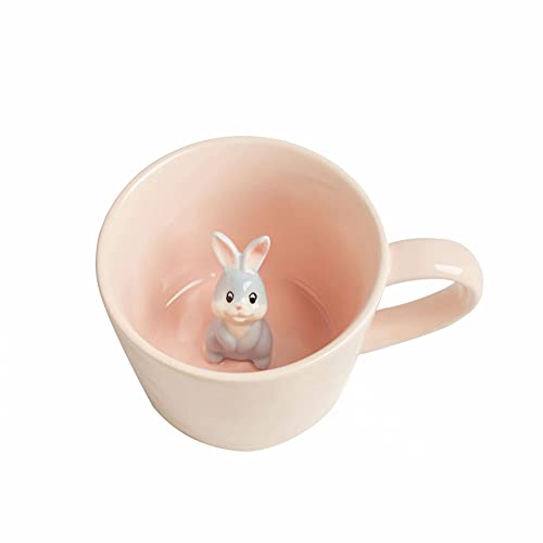 DIHOclub Rabbit Ceramic Cup Hidden 3D Animal Inside Mug,Cute Cartoon Bunny Handmade Figurine Mugs,Easter Gifts,12 OZ (Pink) - Pink