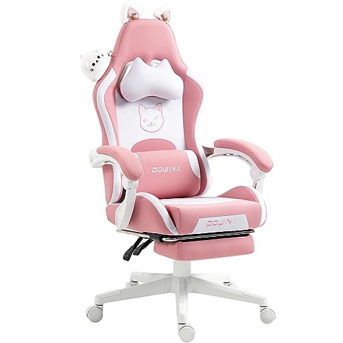 Dowinx Gaming Chair Cute with Cat Ears and Massage Lumbar Support, Ergonomic Computer Chair for Girl with Footrest and Headrest, Comfortable Reclining Game Chair 290lbs for Adult, Teen, Pink - Pink and White
