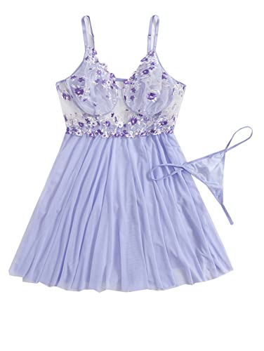 OYOANGLE Women's 2 Piece Sleepwear Embroideried Floral Mesh Wedding Bridal Nightgown Slip Dress and Thong - Medium - Lilac Purple