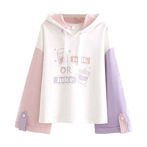 Lolita Casual Hoodies Teen Girls Patchwork Cute Cartoon Long Sleeve Tops - Medium - White