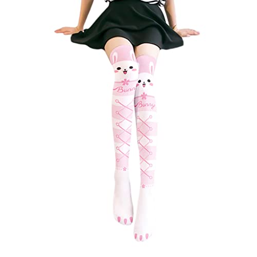 kaixinbukaixin Women Lolita Kawaii Thigh High Stockings Cartoon Rabbit Jellyfish Anime Socks,2