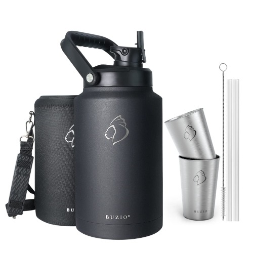 BUZIO Insulated Gallon Water Bottle with Straw Lid and Carrying Sleeve, 128oz Stainless Steel Water Jug with Two Stainless Steel Cups, Hot Cold Metal Canteen Water Flask, Black - Black with Straw Lid 128oz