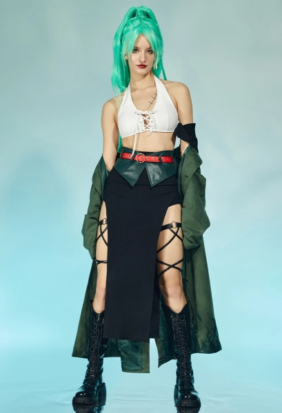 OP Zoro Derivative Kimono Style Casual Outfit Halter Top and Skirt with Jacket and Belt Costume