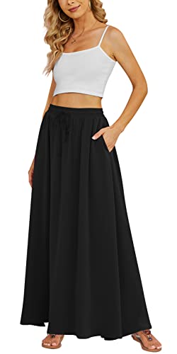 Yincro Women's Flowy Maxi Skirt Summer Pleated High Waisted Casual Long Skirts with Pockets - Medium - Black