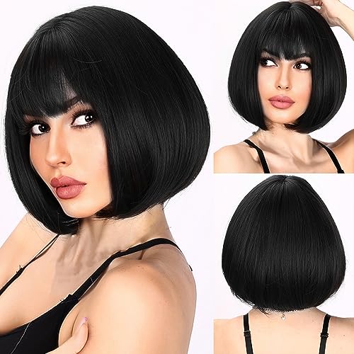 12 Inch Short Bob Wigs with Bangs, Straight Bob Wigs for Women, Synthetic Short Bob Wigs Heat Resistant Fiber Wigs for Daily Party Cosplay (Black) - Black