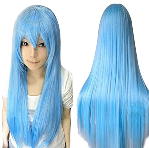 Anogol Hair Cap+32Inch/80cm Sky Blue Wig for Women Long Light Blue Wig with bangs Peluca Larga Azul Cielo Colored Wigs for Anime Cosplay Women Halloween Costumes Straight Wig for Halloween Party - Blue
