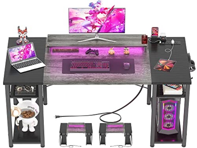 armocity Computer Desk with LED Lights, 48 Inch Reversible Large Desk with Power Outlet and USB, 48'' Gaming PC Table with Moveable Monitor Stand for Home Office, Workstation, Grey and Black - 48" - Grey and Black