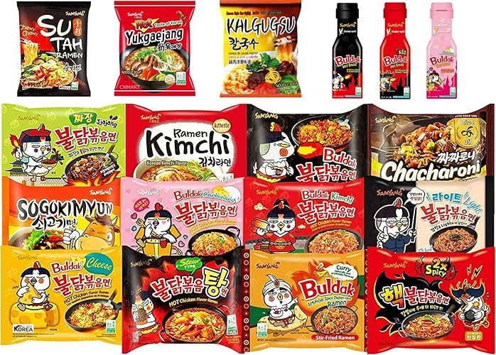 CNMART Korean SY Hot Chicken Buldak Ramen HALAL/Pack of 10 Instant Noodles + 1 Bottle Hot Chicken Sauce - [Assorted Case]