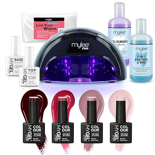 Mylee Complete Professional Gel Nail Polish LED Lamp Kit, 4x MYGEL Colours, Top & Base Coat, Mylee PRO Salon Series Convex Curing® LED Lamp, Prep & Wipe, Gel Remover (Black Lamp)