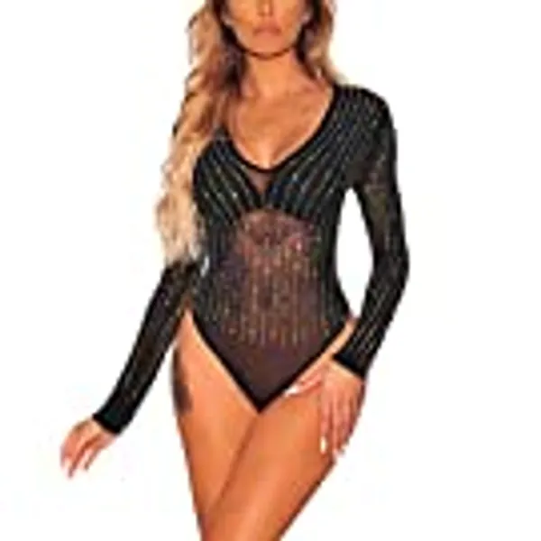 Lrady Women's Sheer Mesh Turtleneck Neck See Through Leotard Bodysuit Body Tops