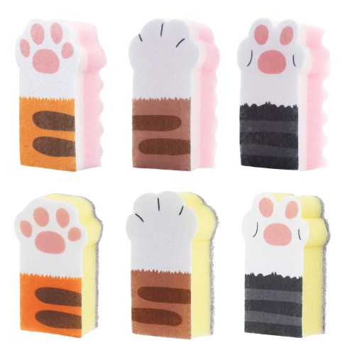 ORYOUGO Set of 6 Cute Cat Claw Kitchen Sponges Dish Scrubber Bowl Pot Non-Scratch Scouring Pads Home Dishes Washing Cleaning Tool, Pink + Yellow - 