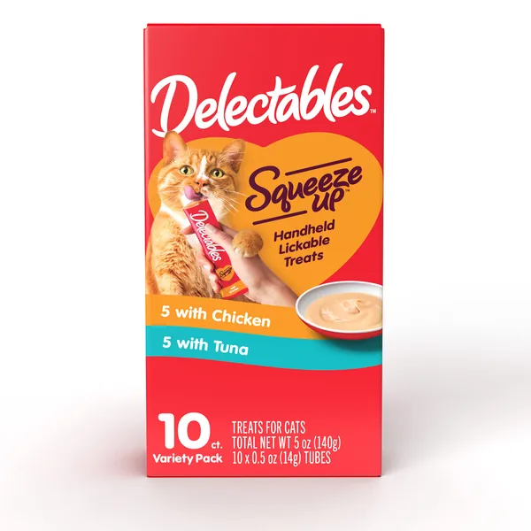 Hartz Delectables Squeeze Up Interactive Lickable Wet Cat Treats for Adult & Senior Cats, Chicken & Tuna, 10 Count - 