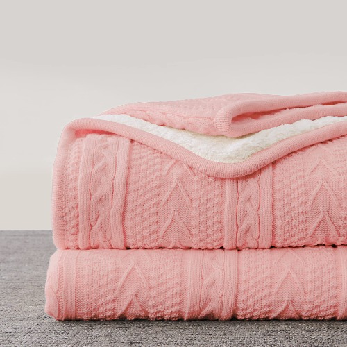 Longhui bedding Acrylic Pink Cable Knit Sherpa Throw Blanket - Thick, Soft, Big, Cozy Knitted Fleece Blankets for Couch, Sofa, Bed - Large 60 x 80 Inches Coverlet All Season - 60"x80", Oversize Pink