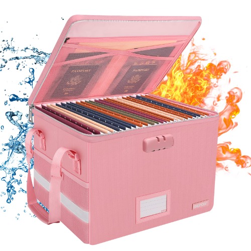 ENGPOW File Box with Lock, File Storage Organizer Box with Zipper Lid,Collapsible Fireproof Document Box Filing Box with Handle,Portable Home Office Safe Box for Hanging Letter/Legal Folder,Pink - Pink 1 pack- Box with Lock