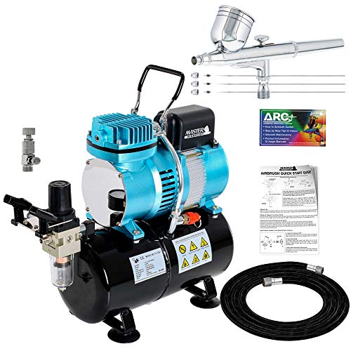 Master Airbrush Cool Runner II Dual Fan Air Tank Compressor System Kit with a Pro Set G222 Gravity Airbrush Kit with 3 Tips 0.2, 0.3 & 0.5 mm - Hose, Holder, How-To Guide - Hobby, Auto, Cake, Tattoo - Deluxe