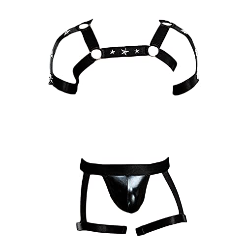 Men Harness Body Chest Elastic Halter Nylon Shoulder Strap Sexy Jockstrap Leotard Bodysuit Workout High Stretch Thong - Black - Medium