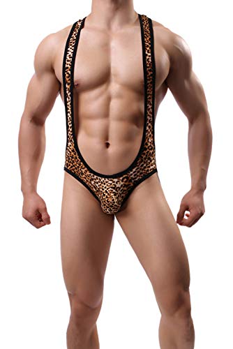 KAMUON Men’s Sexy Pouch Jockstrap Wrestling Singlet Bodysuit Leotard Underwear - Large - Apricot Leopard