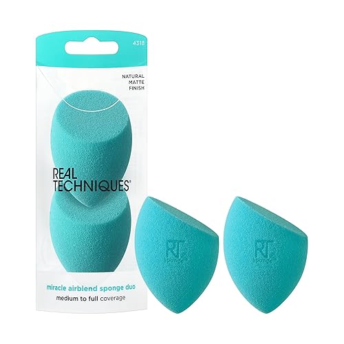 Real Techniques Miracle Airblend Makeup Sponge, Matte Makeup Blending Sponge, For Liquid, Cream, & Powder Products, Offers Medium To Full Coverage, Foundation Sponge, Latex-Free Foam, 2 Count - Miracle Airblend Sponge, 2 Count
