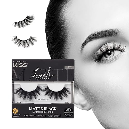 KISS Lash Couture False Eyelashes, Matte Black Faux Mink Collection, 3D Volume Lash, Soft & Matte Finish, Style 'Matte Velvet', 1 Pair Fake Eyelashes - Matte Velvet