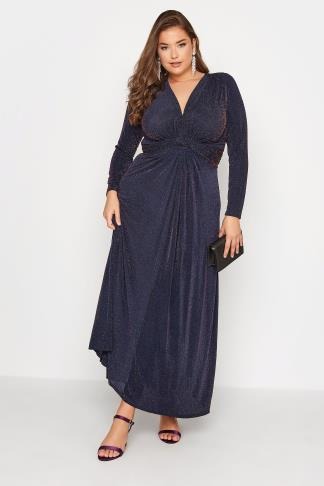 Robe Maxi Bleue Marine Paillettée Plissée