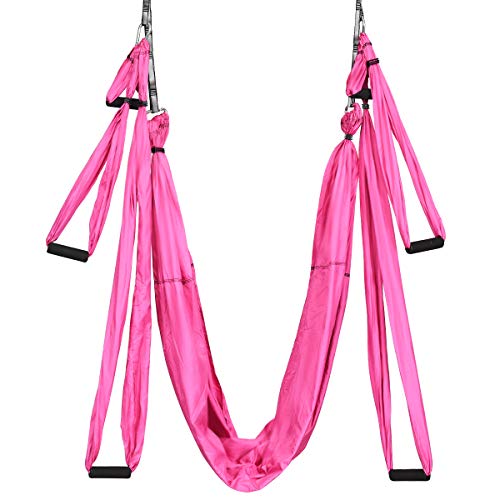 COSTWAY Aerial Yoga Swing Set, Antigravity Yoga Hammock with Carry Bag, 4 Steel Carabiners, 6 Handles, Professional Yoga Flying Strap Sling - Pink