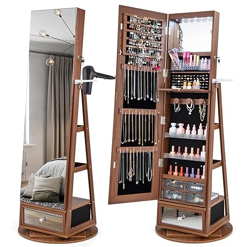 RELAX4LIFE 360° Swivel Jewellery Cabinet, 4 in 1 Standing Jewelry Armoire with Full-Length Mirror, LED Lights, Rear Shelves and Hair Dryer Rack, Lockable Jewellery Organiser (Walnut) - Walnut