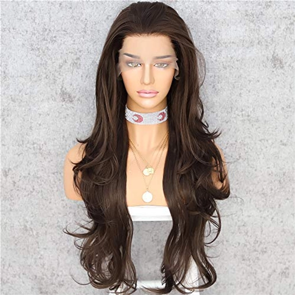 SAPPHIREWIGS Dark Brown Long Wavy T-Part Lace Front Wig For Women Natural Looking Heat Resistant Black Synthetic Hair Wigs 26inch