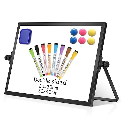 DOLLAR BOSS Magnetic Desktop Whiteboard 20x30cm Black Frame Double Sided Dry Erase Small White Board with Stand, A4 Mini Whiteboard 8 Pens, 1 Eraser, 6 Magnets, for Kids Students School, Home, Office - Black Frame - 20x30cm