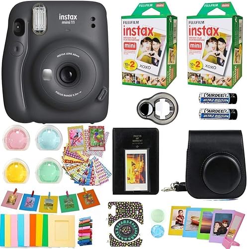 Fujifilm Instax Mini 11 Camera + Fuji Instant Instax Film (40 Sheets) & Includes Case + Assorted Frames + Photo Album + 4 Color Filters and More Bundle (Gray Black) - Gray Black