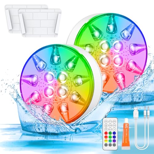 Submersible LED Lights 2 Pack, Floating Pool Lights Rechargeable with 16 Color RGB, IPX8 Waterproof Hot Tub Light, Above Ground Inground Underwater with Remote, Timer for Pond, Fountain, Party, Garden - 2 Pack
