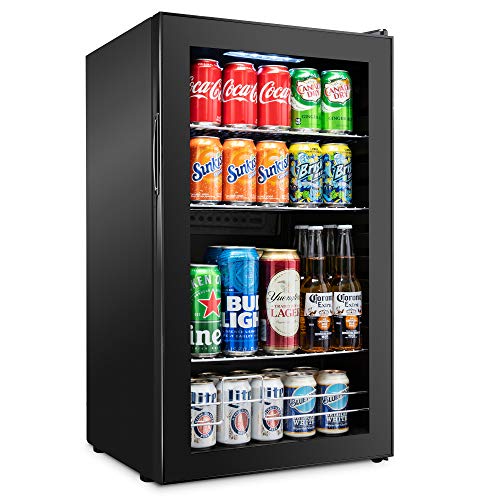 Ivation 126 Can Beverage Refrigerator | Freestanding Ultra Cool Mini Drink Fridge | Beer, Cocktails, Soda, Juice Cooler for Home & Office | Reversible Glass Door & Adjustable Shelving - Black - 126 Can - Black