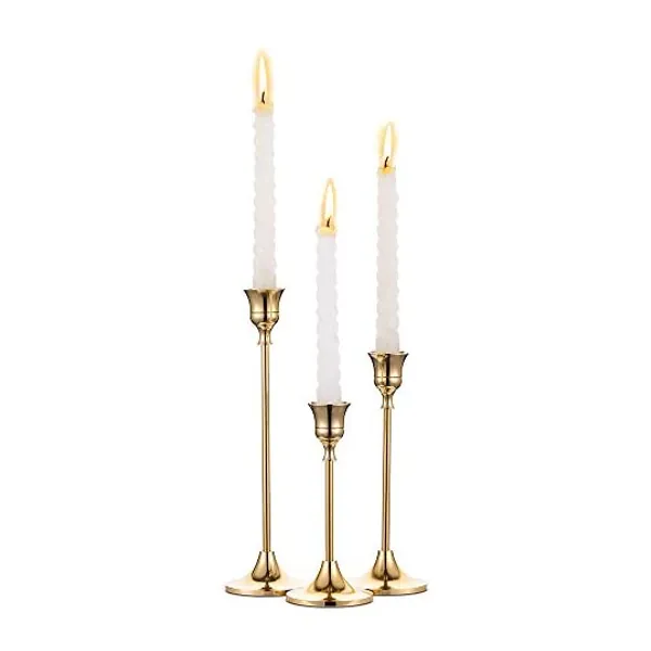 
                            Set of 3 Brass Gold Metal Taper Candle Holders Candlestick Holders, Vintage Modern Decorative Centerpiece Candlestick Holders for Table Mantel Wedding Housewarming Gift
                        