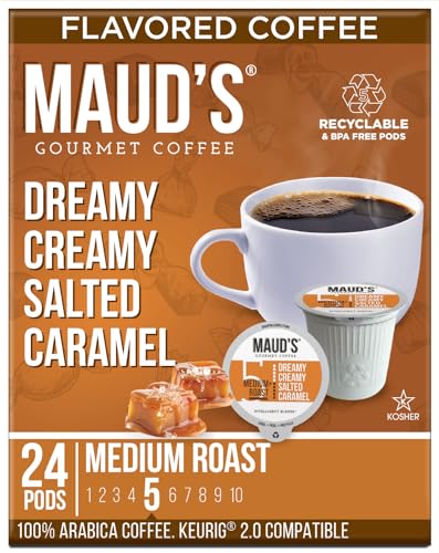 Maud's Salted Caramel Coffee (Dreamy Creamy Caramel), 24ct. Solar Energy Produced Recyclable Single Serve Salted Caramel Flavored Coffee Pods – 100% Arabica Coffee California Roasted, KCup Compatible - Salted Caramel - 24 count (Pack of 1)