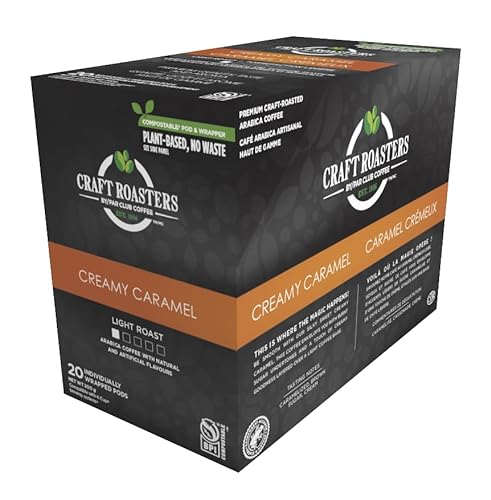Club Coffee Craft Roasters Creamy Caramel - Flavoured Light Roast Single Serve Coffee K-Cup Pods, Compostable Coffee Pods, Keurig Brewer Compatible, Rainforest Alliance Certified, 20 Count - Creamy Caramel - Flavoured Light Roast - 20 Count (Pack of 1)