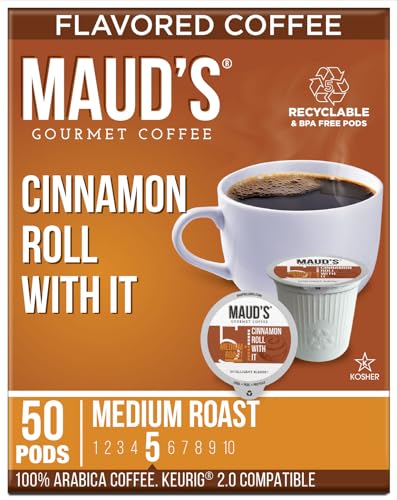 Maud's Cinnamon Roll Coffee (Cinnamon Roll With It), 50ct. Solar Energy Produced Recyclable Single Serve Cinnamon Coffee Pods - 100% Arabica Coffee Beans California Roasted, Cinnamon K Cups Compatible - Cinnamon - 50 count (Pack of 1)