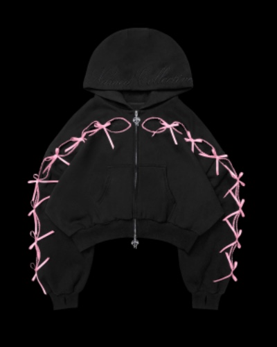PRINC355 RIBBON CROP ZIP HOODIE BLACK | S/M